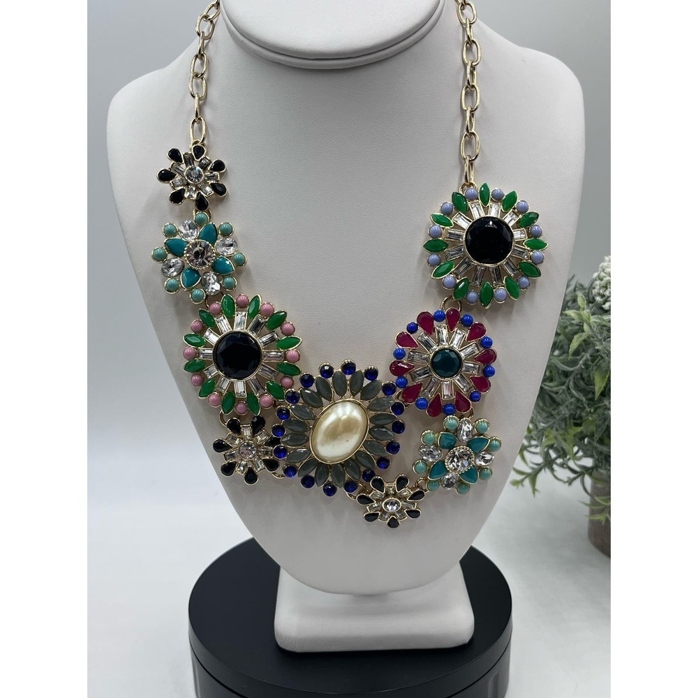 J. Crew Statement Brulee Starburst Runway‎ Floral Gemstone Necklace Multi Color